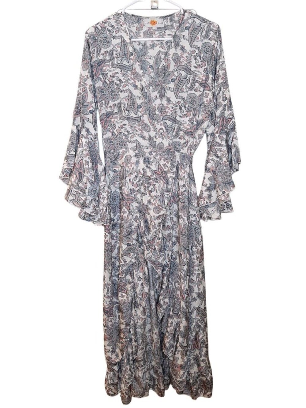 Marigold Lane Dress Multicolor Women Size L Silk Blend Ruffles Wrap Dress Floral